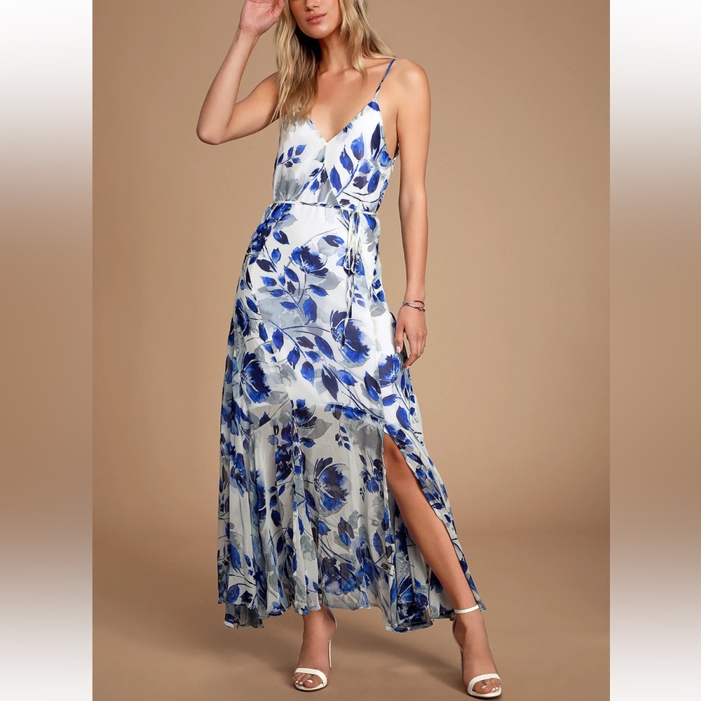 Carlotta Blue and White Floral Print Sleeveless Maxi Dress